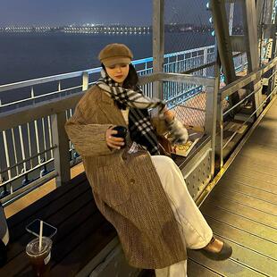 蒋哇塞 氛围感编织纹理毛呢大衣冬新款贵气大女主长款加厚呢外套