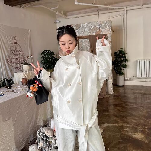 蒋哇塞极简立领双排扣收腰风衣
