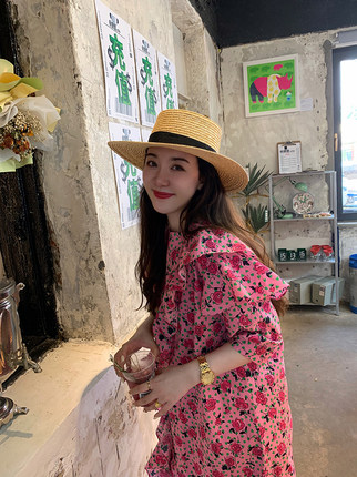 2025夏季新款碎花荷叶边连衣裙女网红设计感小个子粉色中长裙显瘦
