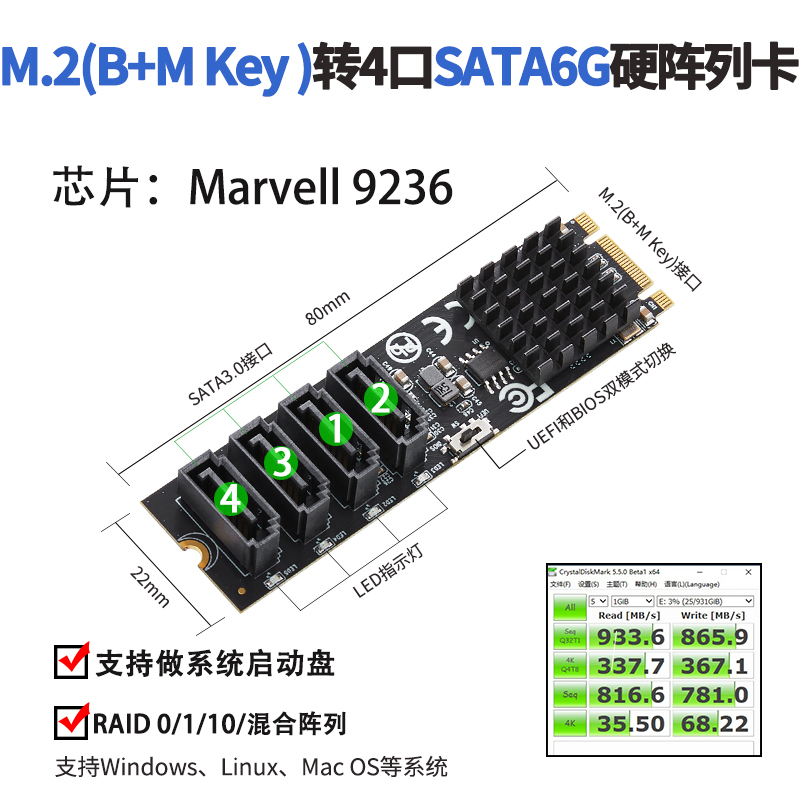 乐扩M.2硬阵列卡4口支持RAID 0/1/10 SATA3磁盘SSD阵列卡 网络设备/网络相关 RAID卡 原图主图