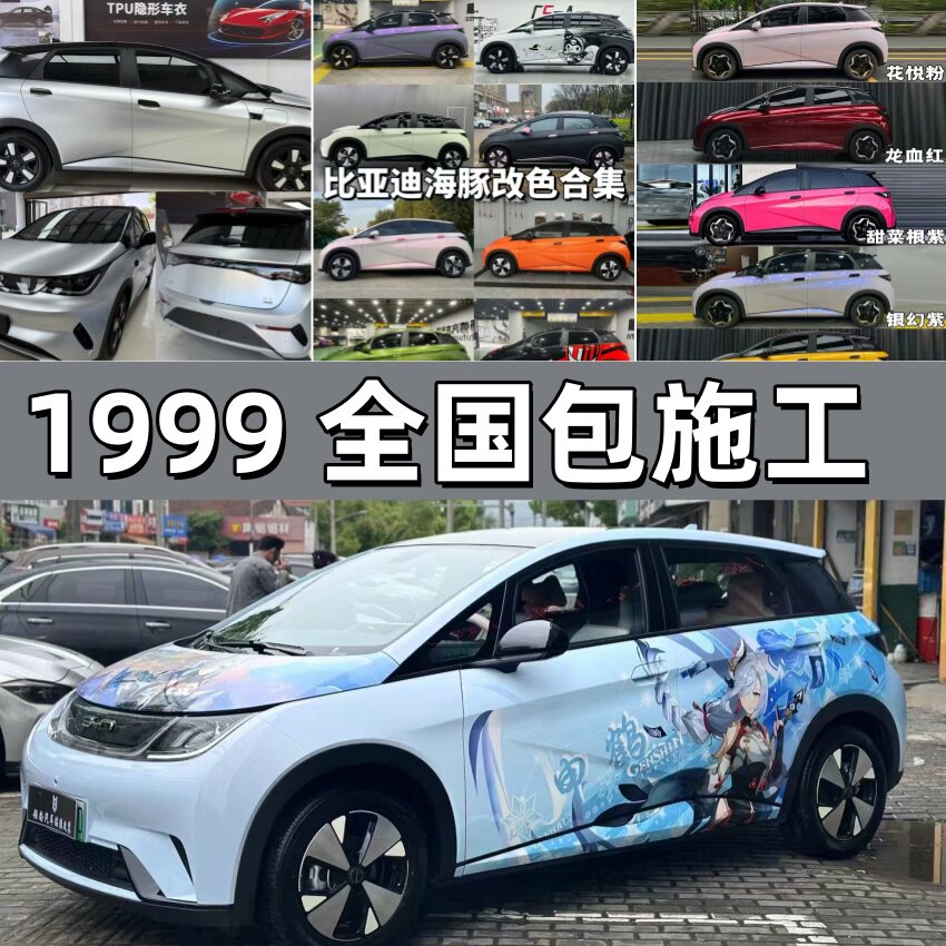 汽车改色膜比亚迪海豚花悦粉甜菜根紫整车贴膜奶龙全车彩绘定制膜