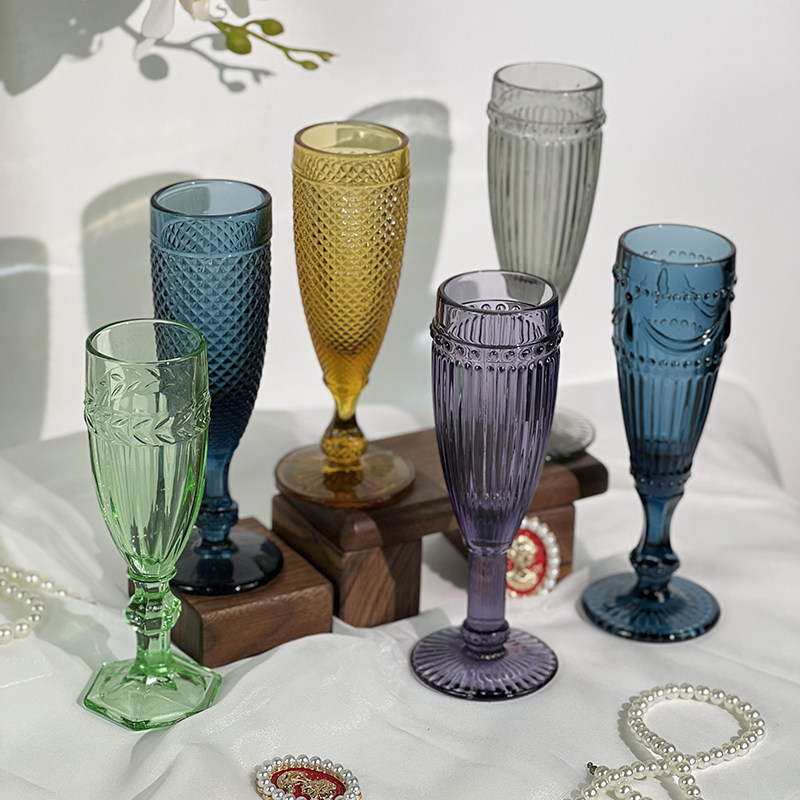 原生原生色料复古美式雕花宴会聚会婚庆细杯水杯玻璃香槟杯甜酒杯