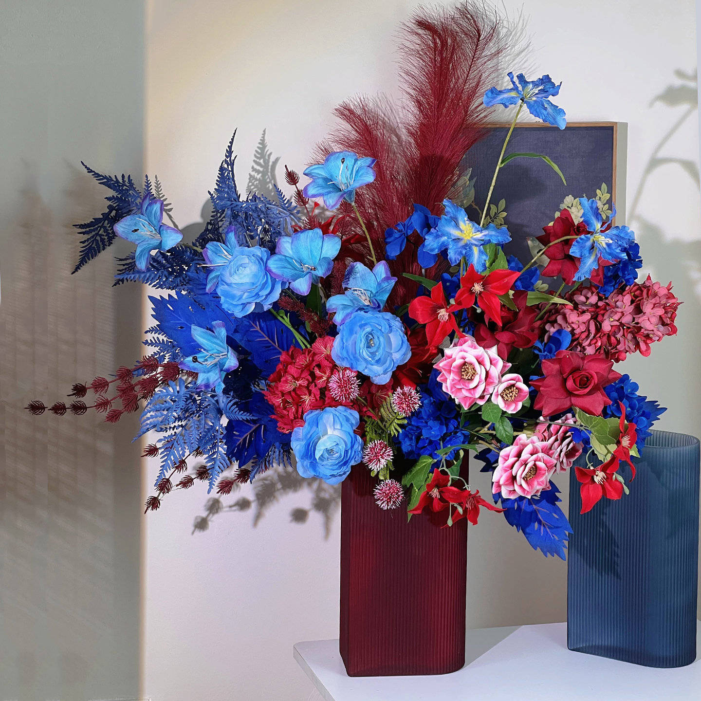 竖条几何磨砂高级灰蓝色玻璃花瓶