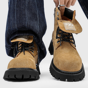杏色大头马丁靴男高步冬季 大黄靴男靴杏色 新款