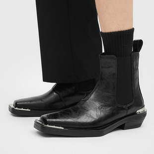 新款铁头靴高跟切尔西靴男款方头马丁靴休闲男靴