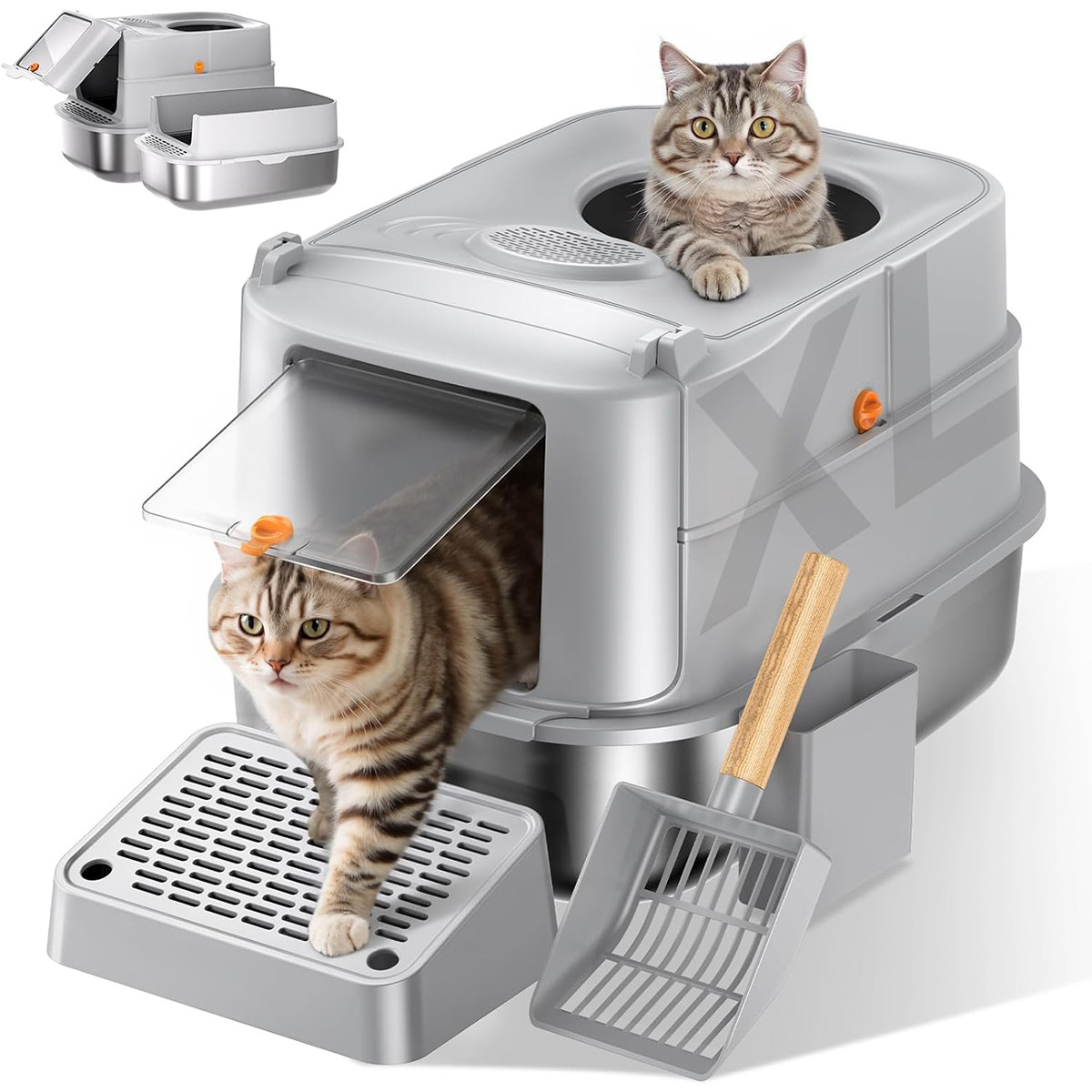 不锈钢猫砂盆超大号全封闭防外溅不漏液多猫家庭cat litter box