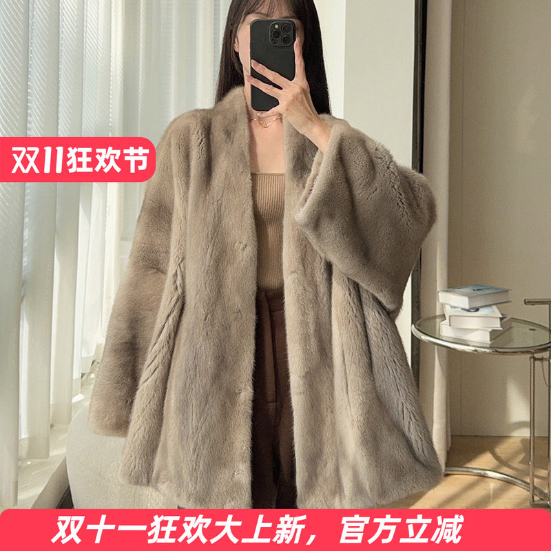 水貂皮整貂皮草外套女V领纯色中长款母貂裘皮冬季貂毛大衣1026