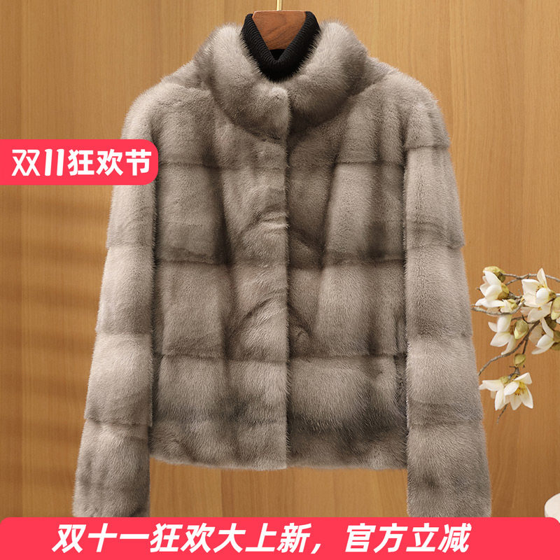 海宁皮草外套女本色貂毛大衣冬新款进口整貂立领横排短款水貂皮