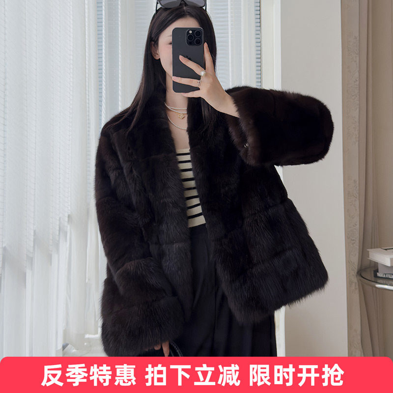 俄罗斯进口紫貂皮草外套女短款宽松貂毛大衣冬季海宁貂皮毛上衣