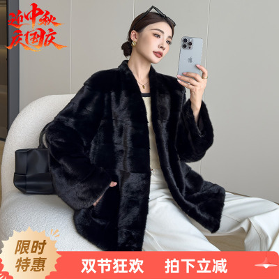海宁水貂皮大衣整貂皮草外套女貂毛2025新款时尚V领横排显瘦裘皮