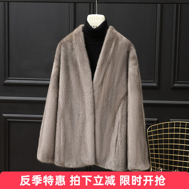 清仓水貂皮大衣女短款整貂皮草外套母貂毛2025新款时尚V领年轻