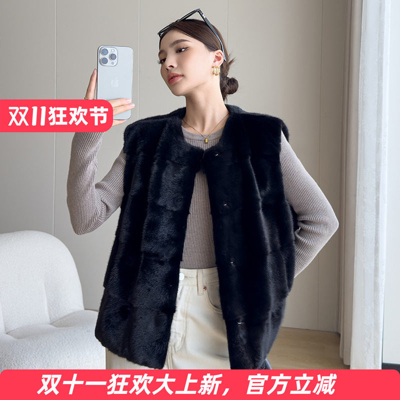 水貂皮大衣女进口整貂马甲时尚横排圆领2026秋冬新款海宁短款裘皮