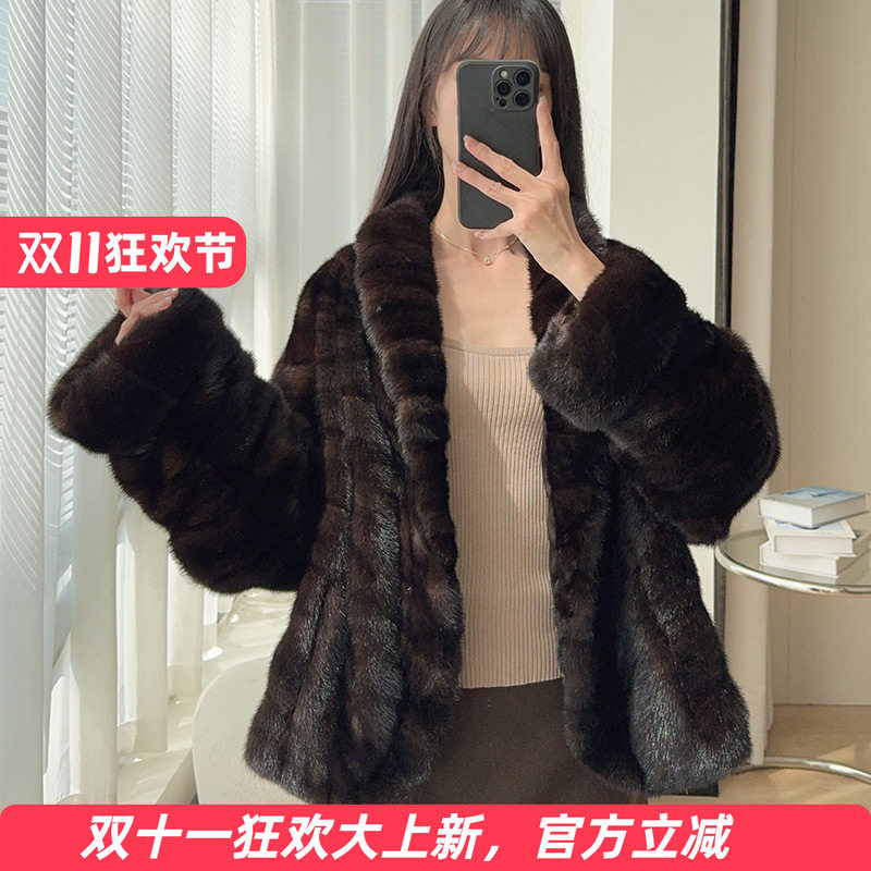 水貂皮整貂皮草外套女青果领小个子不压身母貂毛短款裘皮上衣1026