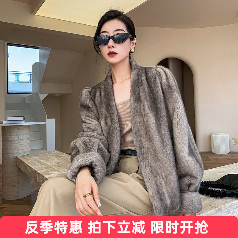 水貂皮大衣女短款整貂皮草外套貂毛2025冬新款时尚V领公主肩