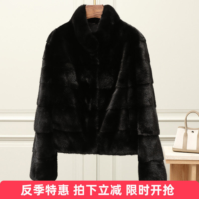 进口整貂短款外套水貂皮草女年轻款立领时尚横排皮毛一体短款貂毛