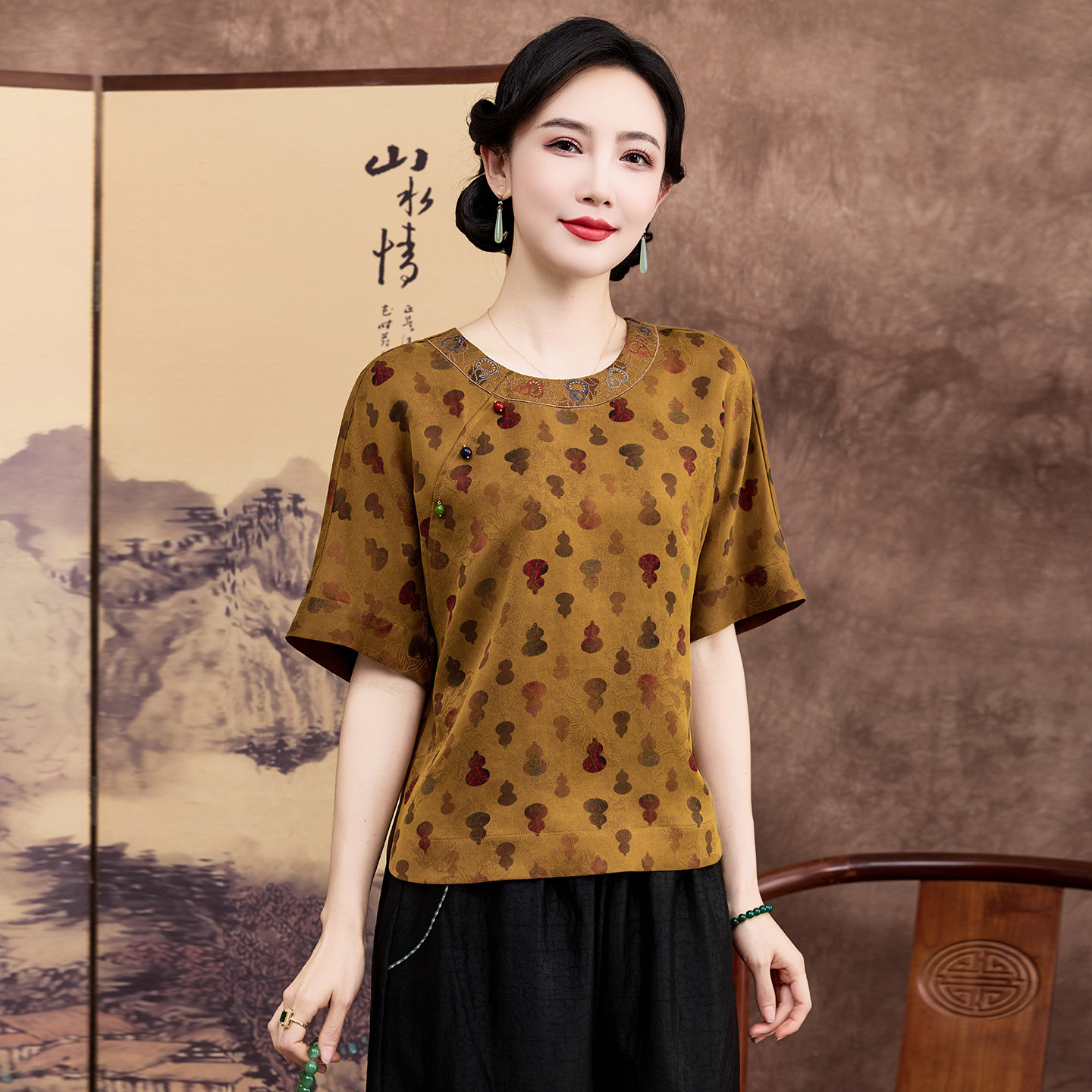 杭州品牌花萝香云纱真丝短袖上衣女高端印花宽松T恤中老年妈妈装