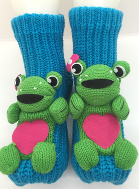 步履靴下跳跳特别情侣袜可爱韩国毛线立体卡通地板袜室内袜-青蛙