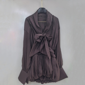 越南小众飘带领结假两件垂感衬衫 连衣裙女设计感褶皱包臀礼服短裙