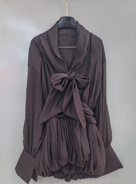 越南小众飘带领结假两件垂感衬衫连衣裙女设计感褶皱包臀礼服短裙