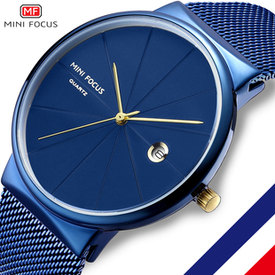 福克斯进口机芯薄款 商务手表不锈钢带圆润无刻度防水 简约静音男士