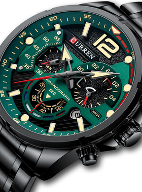 正品立体数字大表盘手表CURREN男士时尚大气多指针钢链表军绿色