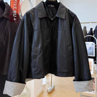 夹克上衣 宽松休闲排扣格子拼接短款 翻领pu皮衣外套女2026秋季 新款