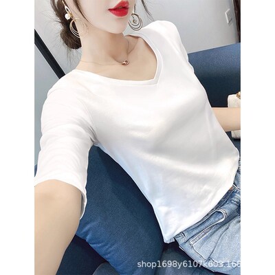 白色中袖t恤女V领修身纯棉五分袖上衣2025年新款七分袖打底衫内搭