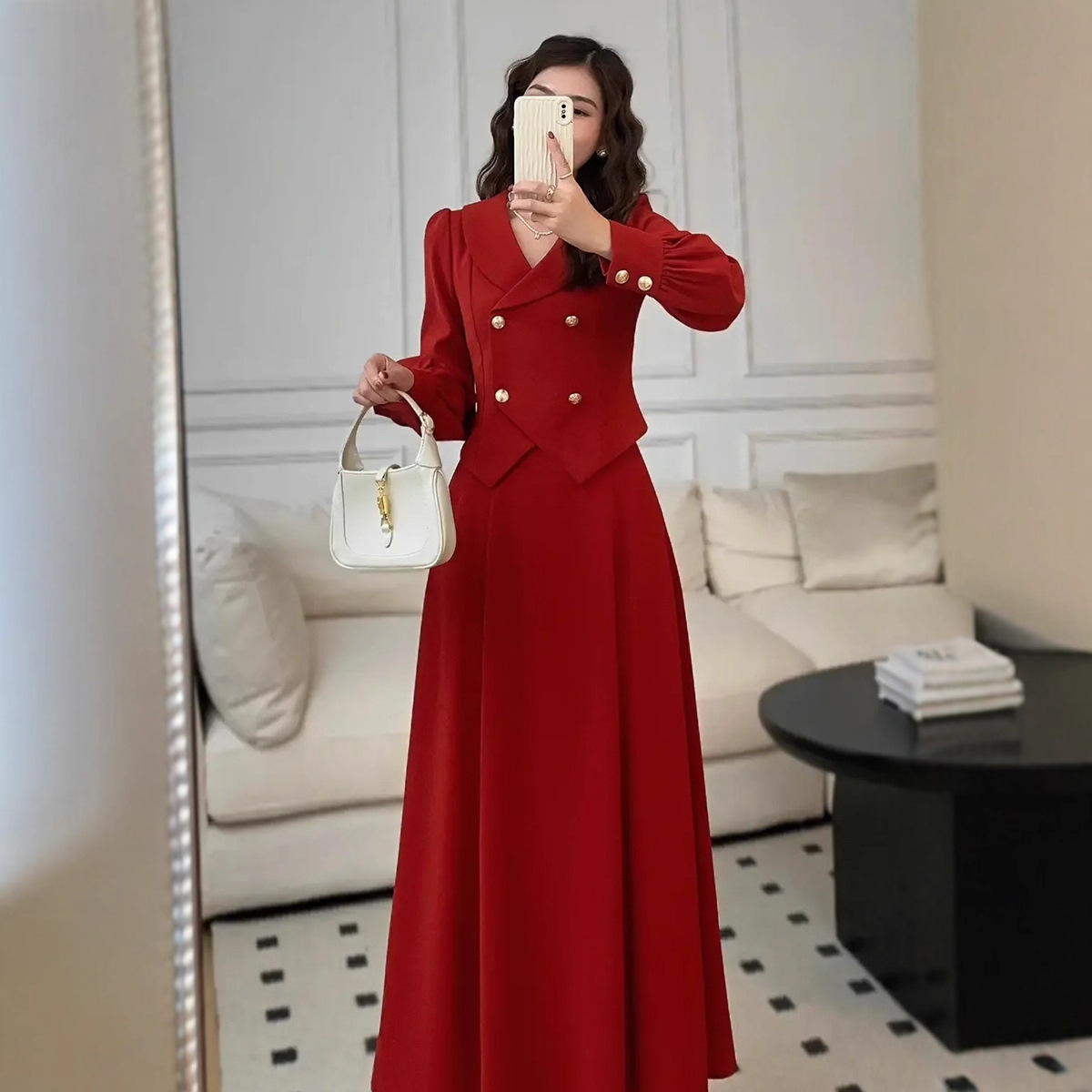 秋冬新款红色气质套装韩版修身收腰正式场合毛呢新娘回门服敬酒服