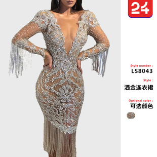 2025年欧美女装 深v镂空亚马逊独立站长袖洒金长裙连衣裙礼服