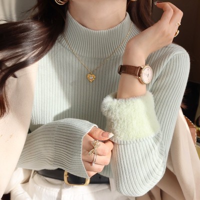 加绒加厚半高领打底衫女2025秋冬季新款修身毛衣内搭针织上衣外穿