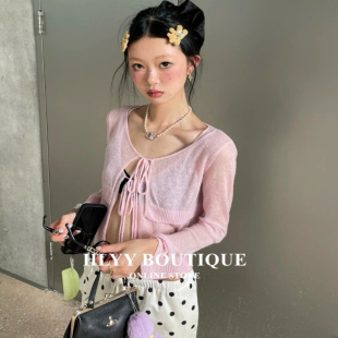 HLYY 小众设计 雾感系带假两件长袖针织开衫外套 栗色 柔粉