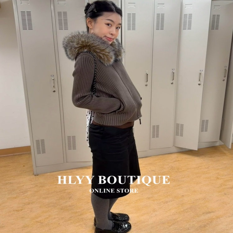 HLYY 随意对比 25秋冬新款 连帽大毛领双拉链毛衣开衫外套 军绿