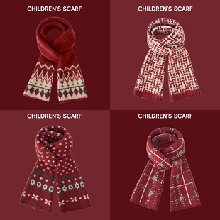 2025安克拉红提花儿童针织围巾圣诞节日男女童保暖节日红毛线围脖