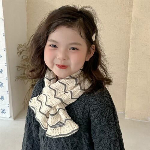 韩系条纹针织儿童围巾秋冬新款保暖百搭软糯护颈宝宝交叉毛线围脖