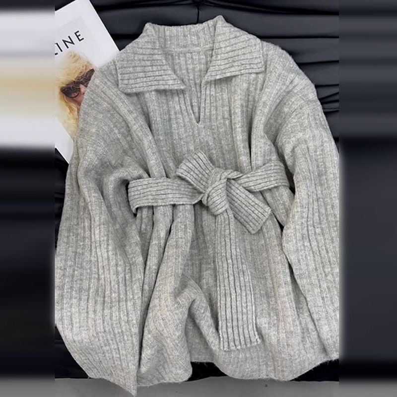 日系复古慵懒风灰色v领套头毛衣外套女学生针织衫绑带蝴蝶结上衣