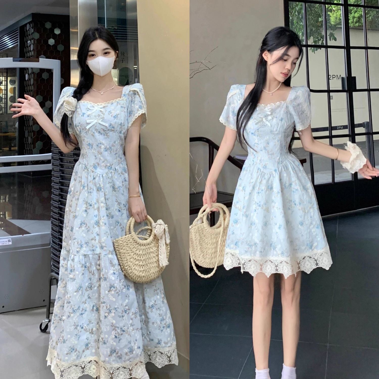 法式方口领碎花蕾丝高腰连衣裙女学生夏季新款高级感气质收腰