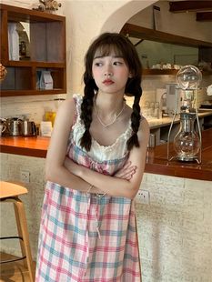 2023新款 韩系少女甜美减龄格纹吊带连衣裙夏季 小个子宽松系带裙子