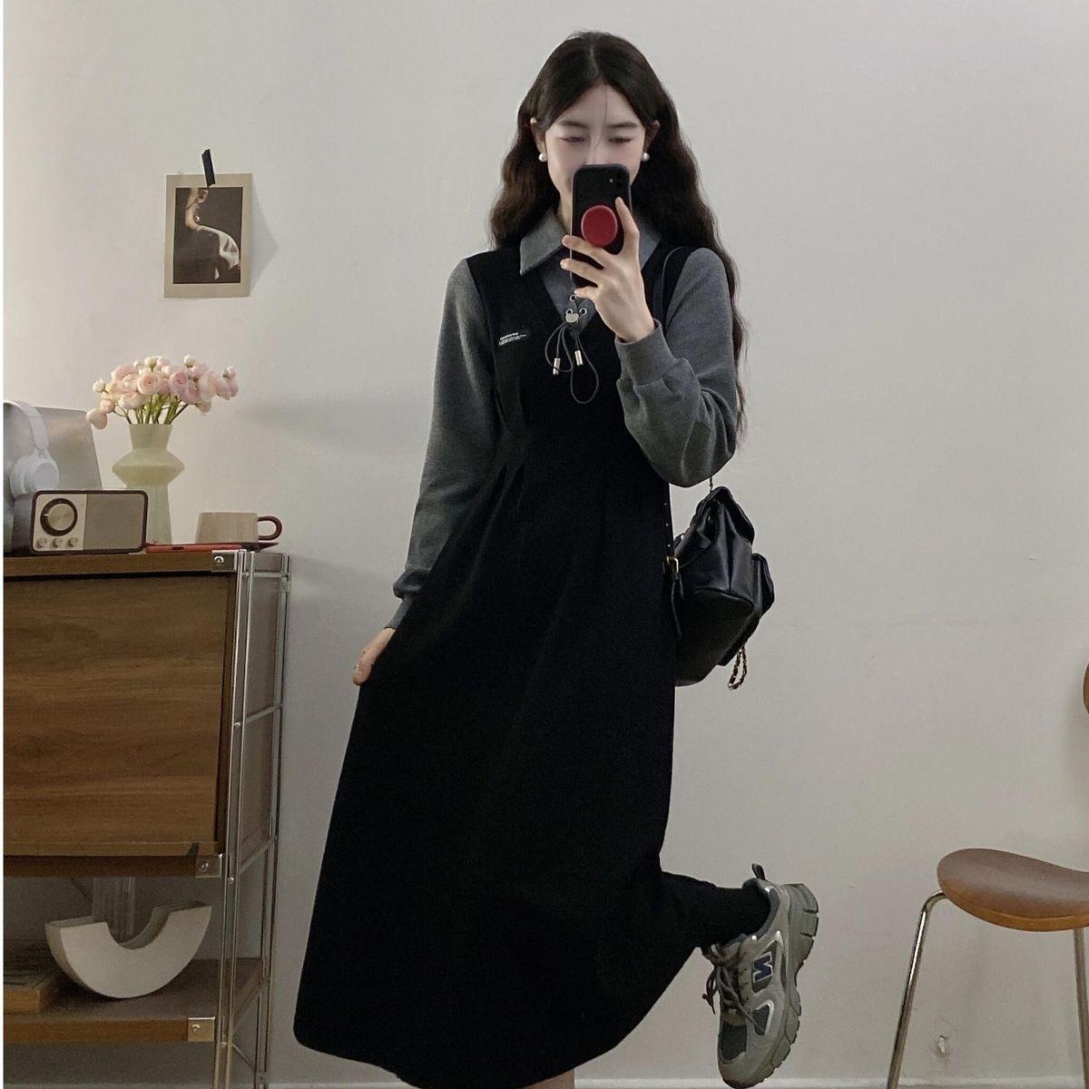 学院新款气质假两件秋冬款连衣裙POLO领显瘦拼接长袖收腰高级裙子