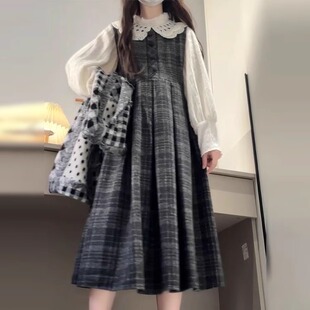 单件套装格纹娃娃领蕾丝背带连衣裙女学生日系复古中长款背心裙子