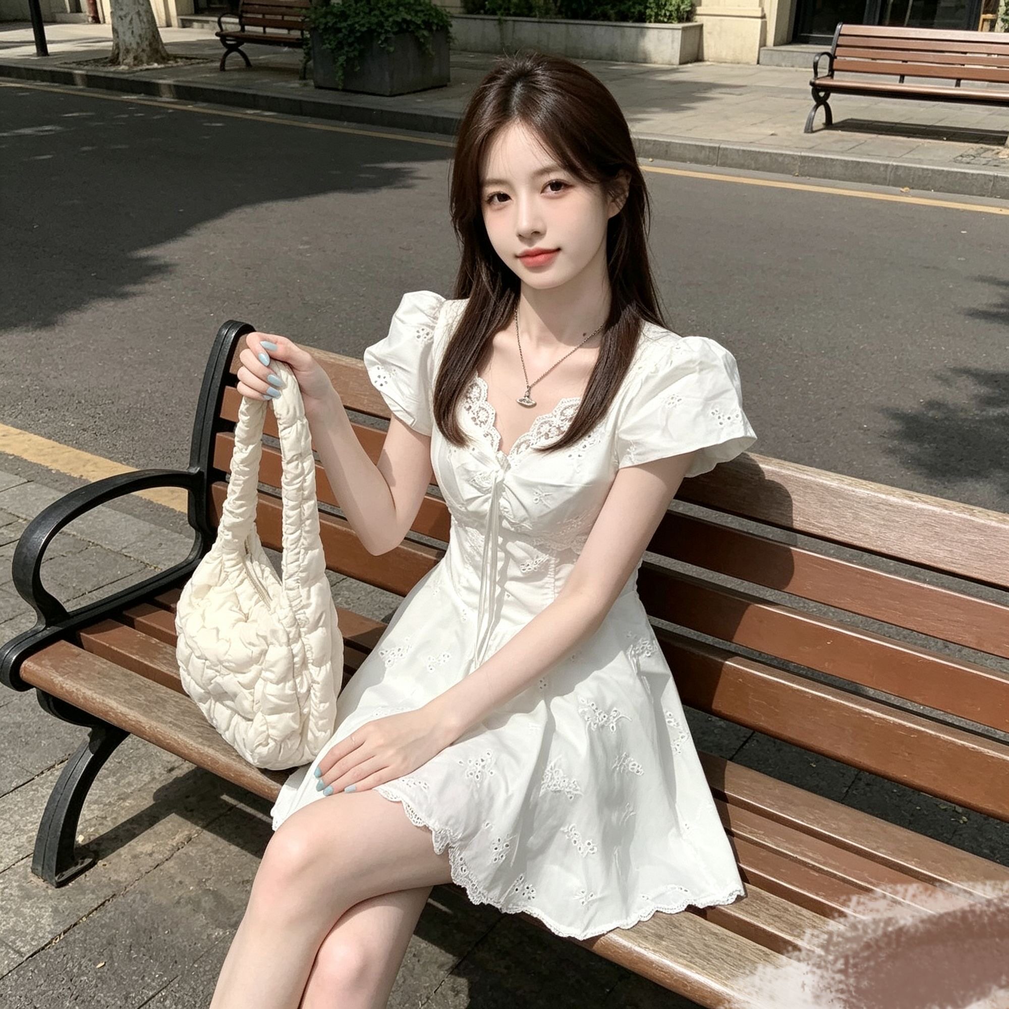 白色蕾丝收腰连衣裙显瘦甜美大学生初恋感小白裙温柔风泡袖a字裙
