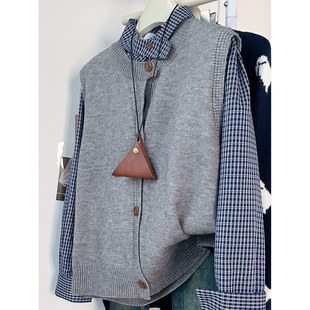 复古蓝色翻领格子衬衫+灰色坎肩毛衣背心外穿开衫针织马甲两件套