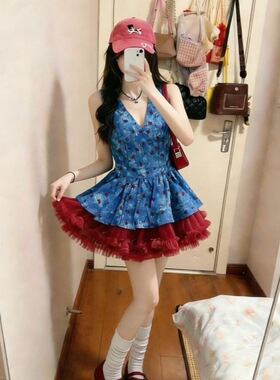 蓝色碎花挂脖衬衫上衣显瘦时尚套装女红色网纱蓬蓬蛋糕裙穿搭套装