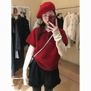韩系绝美红色Polo领短袖针织背心女冬季新款小个子气质打底衫套装