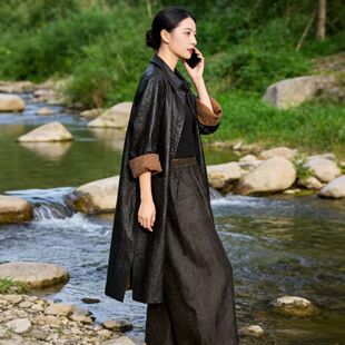 100%桑蚕丝真丝香云纱风衣两面穿中长款春秋外套长袖翻领气质女装