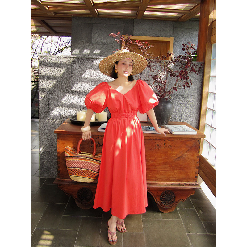 宫廷连衣裙2025新款法式泡泡袖收腰显瘦女中长款小众设计感裙子
