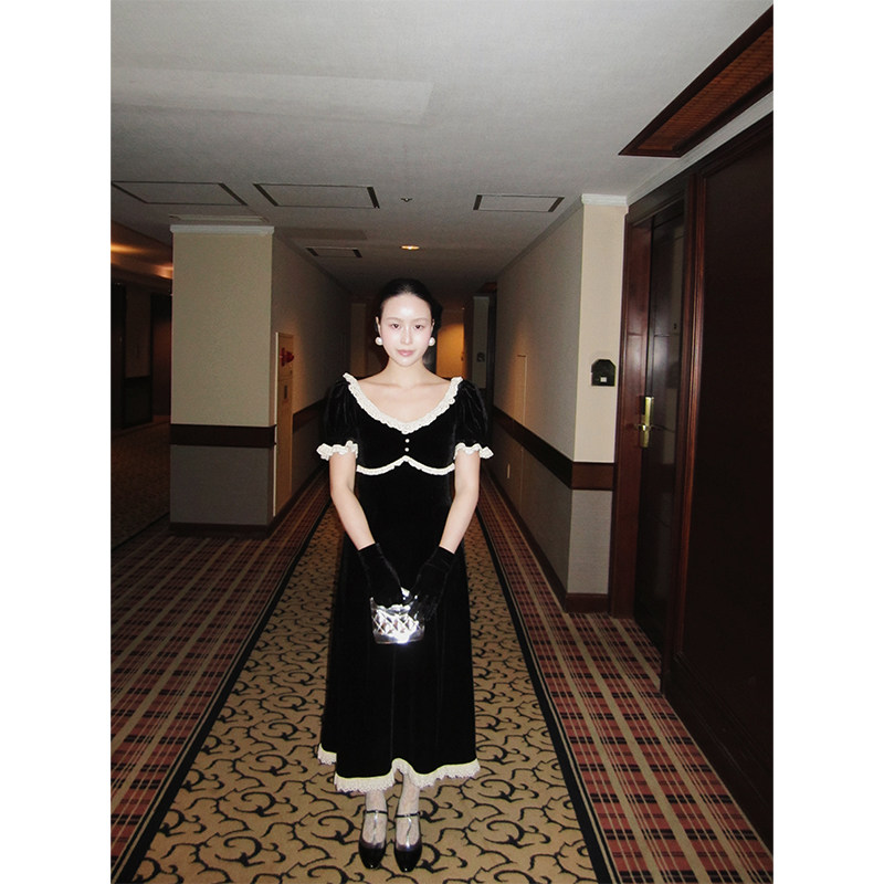 韩国小众设计师 丝绒晚礼服宫廷连衣裙