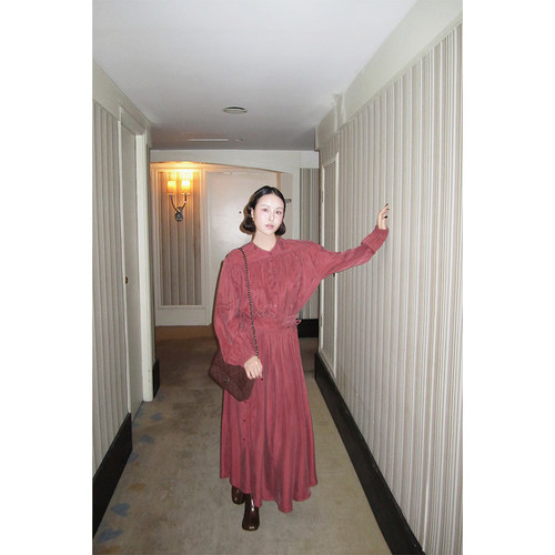 朱小姐小众设计铜氨丝套装女秋季早春衬衫宽松褶皱衬衣裙子两件套