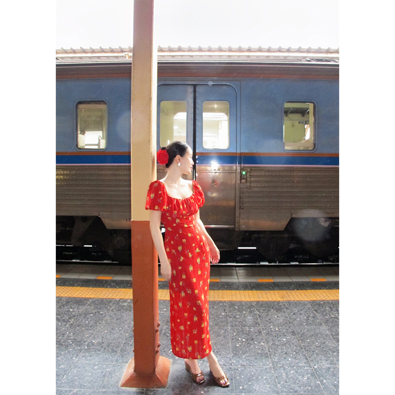 WEINISIAN朱小姐复古宫廷夏季碎花连衣裙高腰包臀印花短袖长裙女