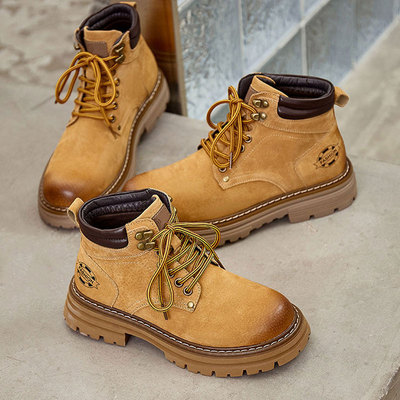 情侣款真皮大黄靴2025新款秋冬季男鞋英伦风短靴厚底马丁靴女