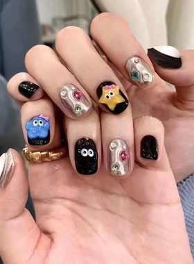 10片装手工穿戴甲黑色可爱短款美甲贴片甲片成品卡通假指甲